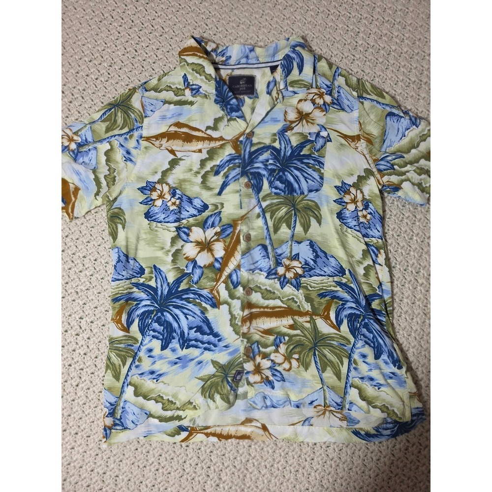 Caribbean Joe Hawaiian Shirt Mens Medium Multicolor Excellent Rayon Marlin Print